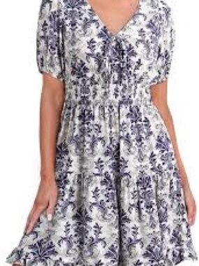 NWT Dokotoo Navy and Grey Deep V-Neck Lantern Sleeve Dress. Size XL